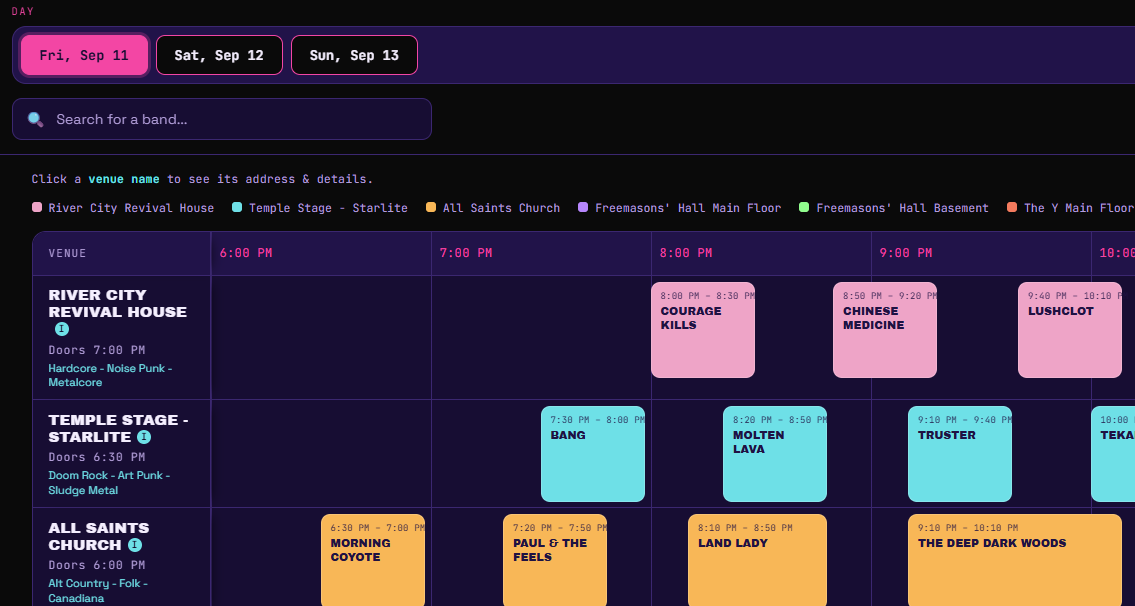 Partial screen capture of the 2026 Purple City Music Festival's online schedule, built by Tooq Inc.